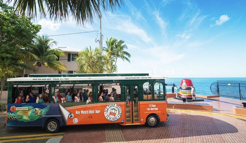 A trolley driving in Key West